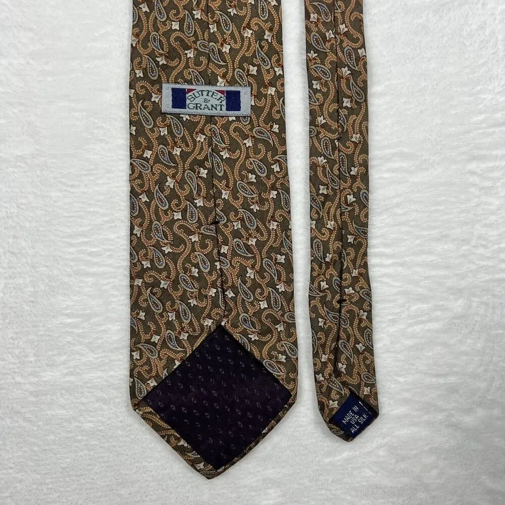 Sutter & Grant Mens Silk Necktie Tie Made in USA Brown Paisley All Silk